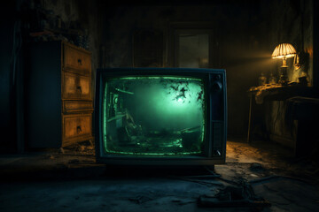 Old TV in a dark room. Scary halloween concept - obrazy, fototapety, plakaty