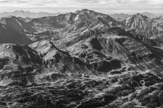 A view of the mountains from the peak at Stuttgarter H&uuml;tte - Valluga - Ulmer H&uuml;tte in St. Anton am Arlberg, Austria