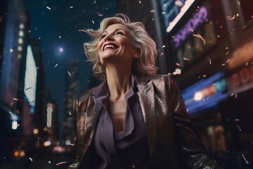 Portrait of a joyful woman in her 50s dressed in a stylish blazer against a glittering city...