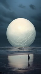  a man standing on top of a beach next to the ocean under a giant white ball of liquid floating on top of a body of water in front of water.