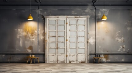  a room with two chairs, a table and a door that has been painted white and has a yellow light on the side of the door and a yellow light on the other side of the door.