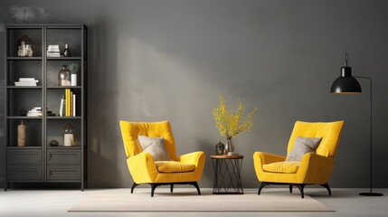  a living room with two yellow chairs next to a table with a vase of flowers on it and a bookcase with books on the other side of the room. - obrazy, fototapety, plakaty