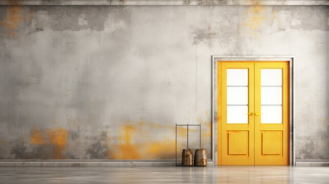  an empty room with a yellow door and a set of stools in front of a gray wall with a yellow door and a gray wall with yellow paint peeling paint.