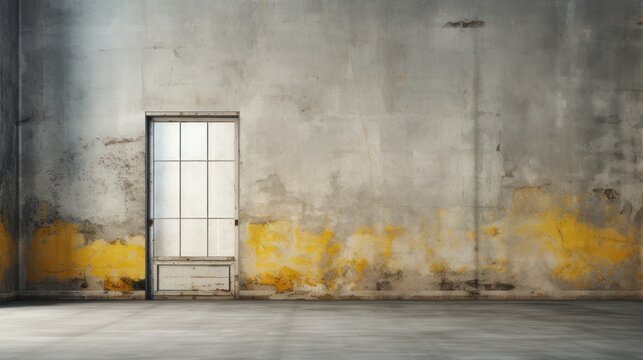  an empty room with a door and yellow paint on the wall and a window in the middle of the room with a door in the middle of the room and yellow paint on the wall.