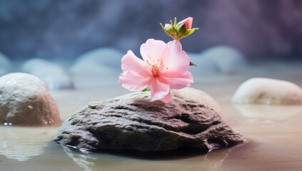 Zen-like composition with a pink flower on a rock in tranquil water, perfect for spa and wellness themes.