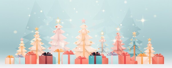 Decorated christmas tree with presents ,greeting card panorama illustration. Generative Ai.