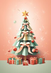 Fototapeta premium Decorated christmas tree with presents , simple illustration greeting card. Generative Ai.