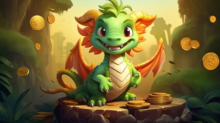  a green and orange dragon sitting on top of a pile of gold coins in front of a forest with lots of trees and gold coins on the side of the ground.