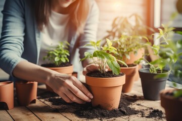 Young female woman gardener growing plants and holding pot in greenhouse and plant nursery. Home gardening concept