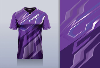 Sport jersey template mockup stripe design for football soccer, racing, running, e sports, purple color - obrazy, fototapety, plakaty