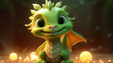  a little green dragon sitting on top of a floor next to a pile of lit up candles on a dark surface with lights behind it and a dark green background.