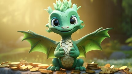  a green dragon sitting on top of a pile of gold coins next to a pile of gold coins with a green dragon sitting on top of the pile of gold coins.