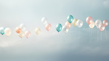  a group of balloons floating in the air on a cloudy day with a blue sky in the back ground and white clouds in the sky in the middle of the background. - obrazy, fototapety, plakaty