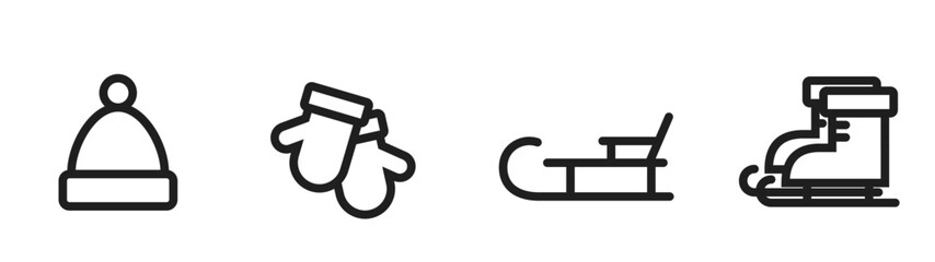 winter holiday line icons. Christmas sock, sleigh, winter hat and gloves. Christmas, New Year and winter design