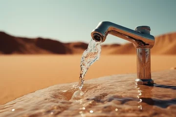 Poster water flowing from a tap into the sand in the desert. planet concept of global warming, water shortage and drought © Margo_Alexa