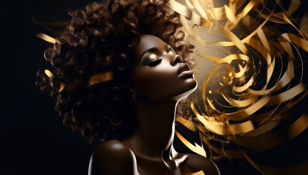 A Black woman with golden body paint in an artistic pose, ideal for beauty and fashion editorials.