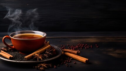 a cup of tea on a saucer surrounded by cinnamon sticks and star anise on a dark wooden surface with smoke coming out of the top of the cup. - Powered by Adobe