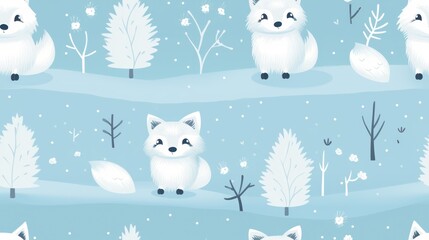 Fototapeta premium a pattern of foxes in the snow with trees and snow flakes on a blue background with snow flakes on the ground and snow flakes on the ground.