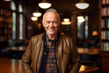 Portrait of a grinning man in his 60s wearing a trendy bomber jacket against a classic library interior. AI Generation