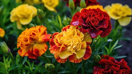 Carnation and marigold flowers with water drops in the garden