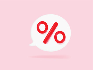 3d red percentage isolated on white speech bubble. Business promotion sale discount shopping online. 3d vector rendering. Isolated Pink Background.