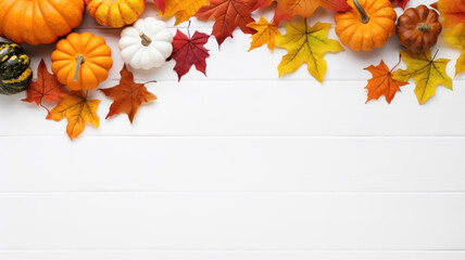 Naklejka na ściany i meble Autumn Festive Decor on White Wooden Background