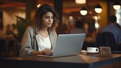 Focused young woman working on a laptop in a cafe, embodying remote work and modern lifestyle.
