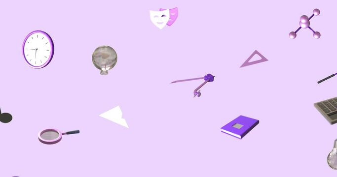 Animation of school item icons moving with copy space on purple background