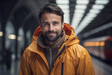 Portrait of a tender man in his 30s sporting a waterproof rain jacket against a modern city train station. AI Generation