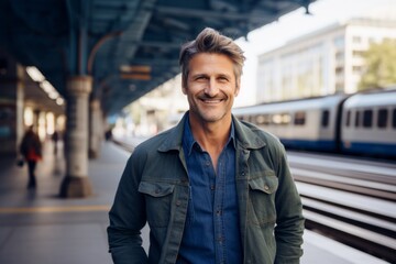 Obraz premium Portrait of a blissful man in his 40s sporting a versatile denim shirt against a modern city train station. AI Generation