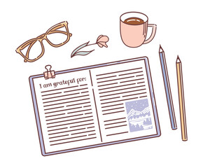 Gratitude journal. Vector illustration. Notepad, pencils and a cup of tea, glasses and a flower. Productive habits concept. Wellnes, emotional well-being - obrazy, fototapety, plakaty