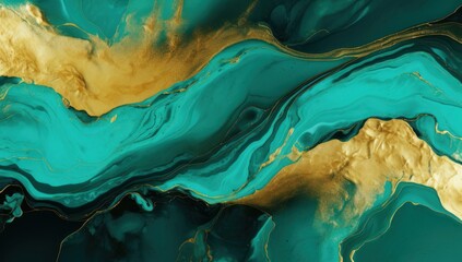 Turquoise and gold fluid art pattern with swirling, marbled textures.