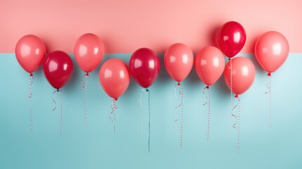  a row of red balloons on a blue and pink background with a line of red balloons on a blue and pink background with a line of red balloons on the wall.