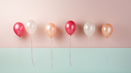  a row of red, white, and pink balloons hanging from a line on a pink and mint green wall with a pastel pink wall in the back ground.