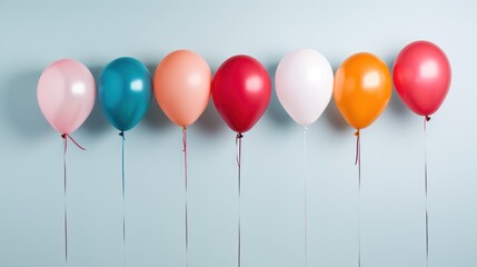 a row of multicolored balloons in a row on a blue background with red, orange, pink, green, and blue balloons attached to a line of red and white balloons.