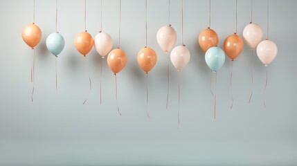  a group of balloons hanging from a string on a gray wall with a light blue wall in the background and a light blue wall in the middle of the background. - obrazy, fototapety, plakaty
