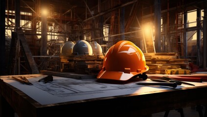 An orange construction helmet placed on a desk with blueprints, suitable for themes related to architecture and engineering.