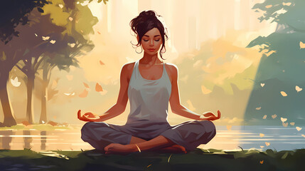Fototapeta premium Illustration of a woman practicing meditation, yoga, relaxation in calm park, with tranquility, peaceful mind, well-being and serenity - Generated by Generative AI
