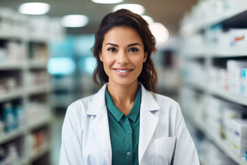 Closeup Portrait of a female pharmacist in a modern pharmacy, standing by the medication shelves and making eye contact with the camera, professional photography - obrazy, fototapety, plakaty
