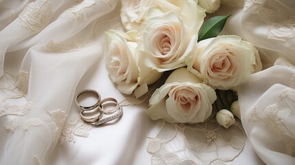  a bouquet of roses and two wedding rings on a bed of white satin with a pair of wedding rings in the middle of the bouquet and two wedding rings on top of the bouquet.