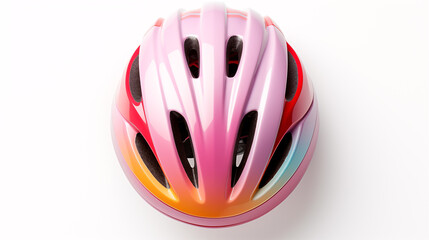 Isolated white background view of a coloured bicycle helmet above.