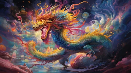 Fotobehang  a painting of a colorful dragon in the middle of a body of water with a sky in the back ground and clouds in the middle of the sky above it. © Anna