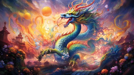  a painting of a dragon in the middle of a field of flowers with a sunset in the back ground and a building in the back ground in the foreground.