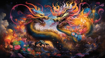  a painting of two yellow and red dragon fighting over a body of water with flowers on both sides of the dragon's body, and the other side of the body of the dragon's head.
