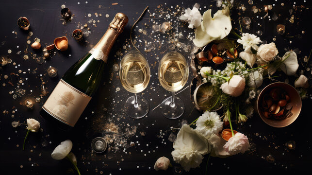  a bottle of wine and two glasses of wine on a table with flowers and confetti on the side of the glass and a bottle of wine glass on the other side.