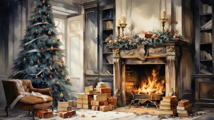  a painting of a living room with a christmas tree and presents in front of a fire place with a christmas tree in the corner of the room and presents on the floor.