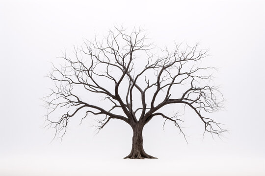 A desolate, leafless tree on a bright white backdrop.