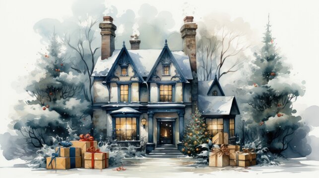  a watercolor painting of a house with presents in front of it and a christmas tree in front of the house with presents in front of the house and snow on the ground.
