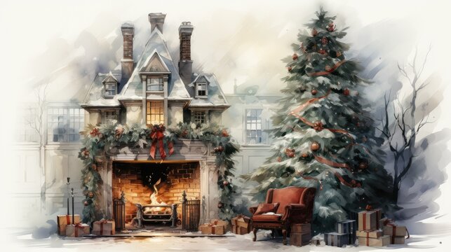  a painting of a fireplace with a christmas tree in the foreground and presents in front of the fireplace and a house with a christmas tree in the foreground.