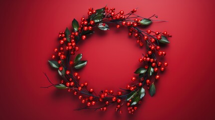  a christmas wreath made of red berries and green leaves on a red background with a place for a name on the top of the wreath is a red background with green leaves.